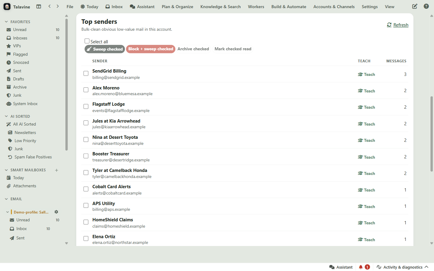 Talavine email cleanup sweeping a backlog of newsletters and notifications in a fictional demo profile