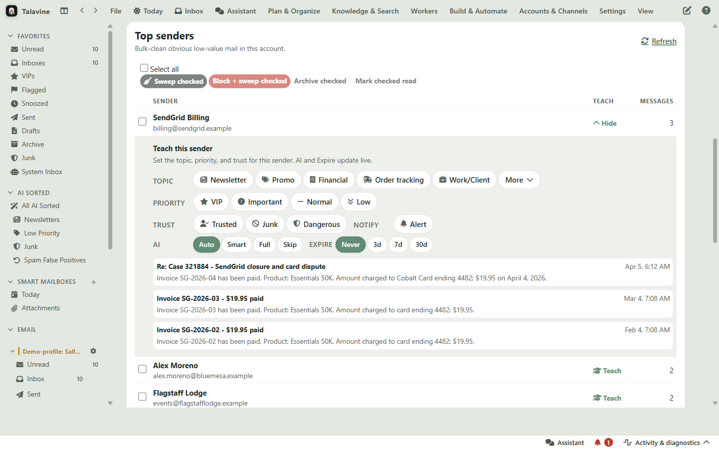 Talavine Teach controls for classifying a sender and setting AI and expiration behavior