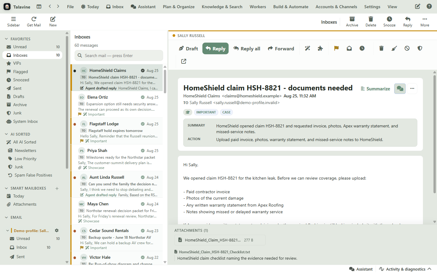 Talavine unified inbox screenshot