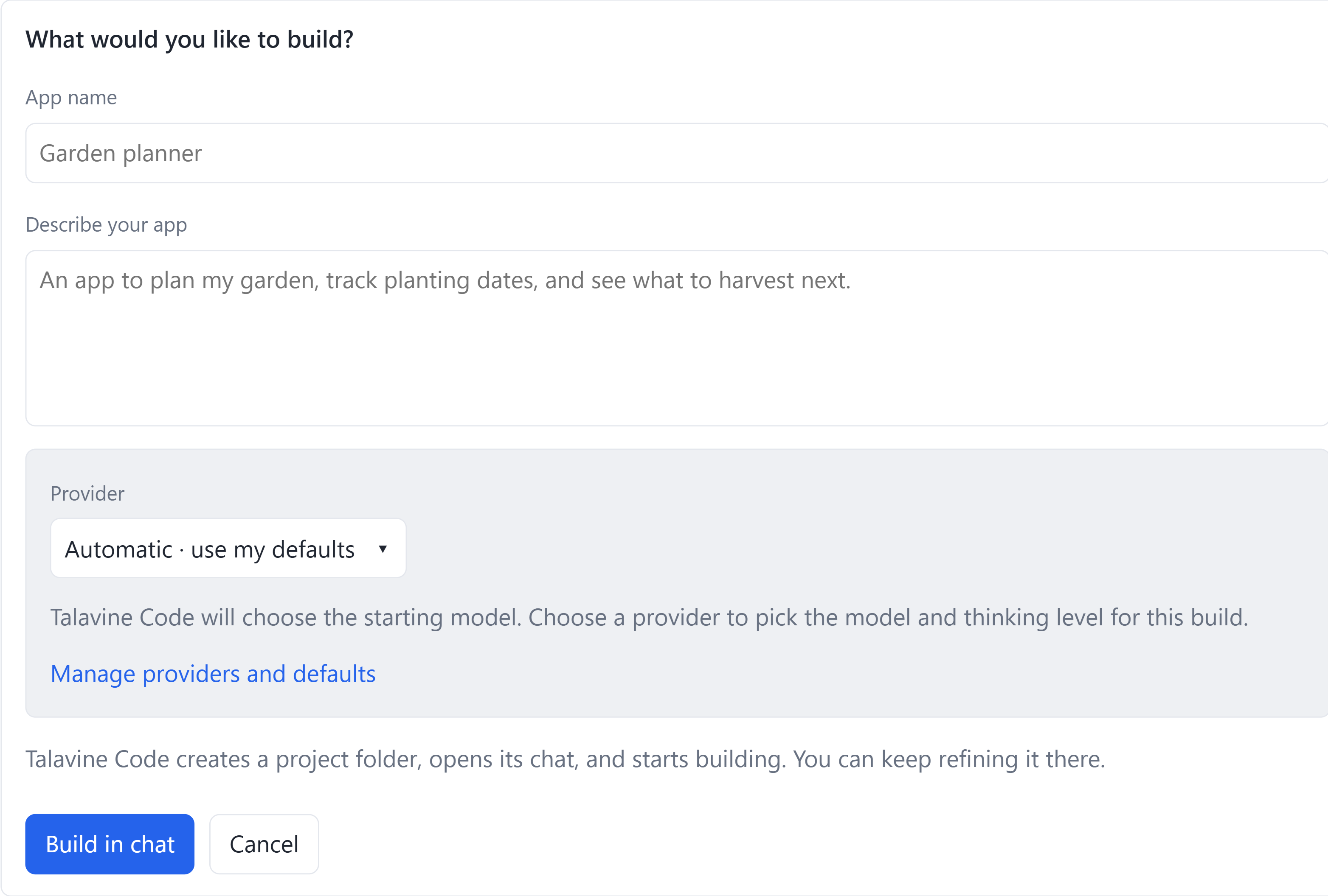 Talavine Code Create an app form with app name, description, provider selection and Build in chat button