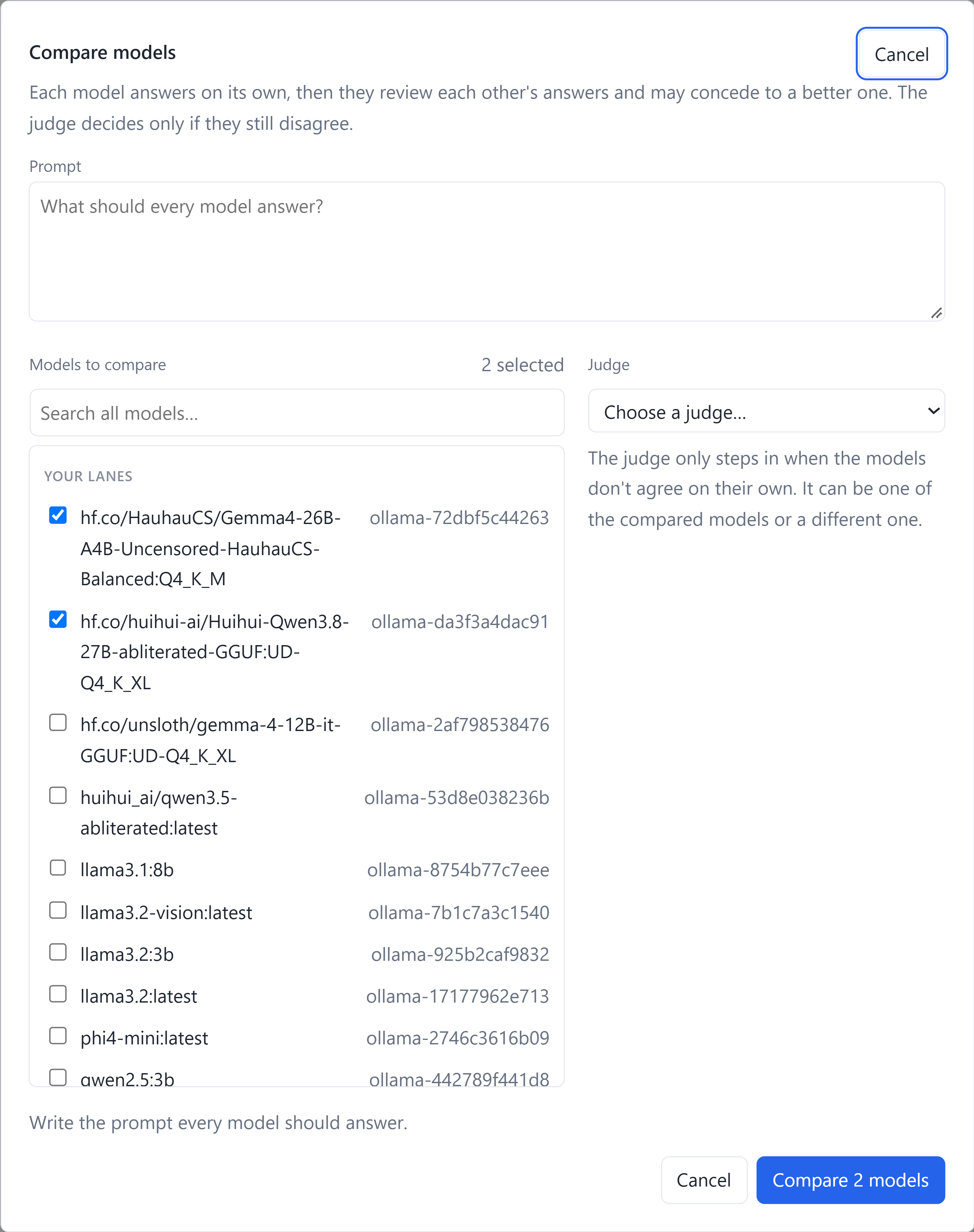 Real Compare models dialog with available local model choices, two contenders selected, and a judge selector