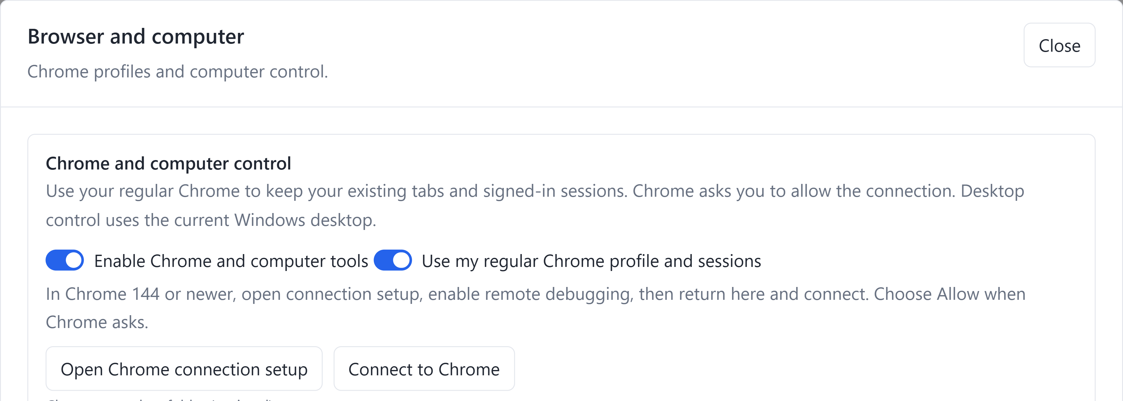 Browser and computer settings with regular Chrome session reuse and explicit connection setup controls