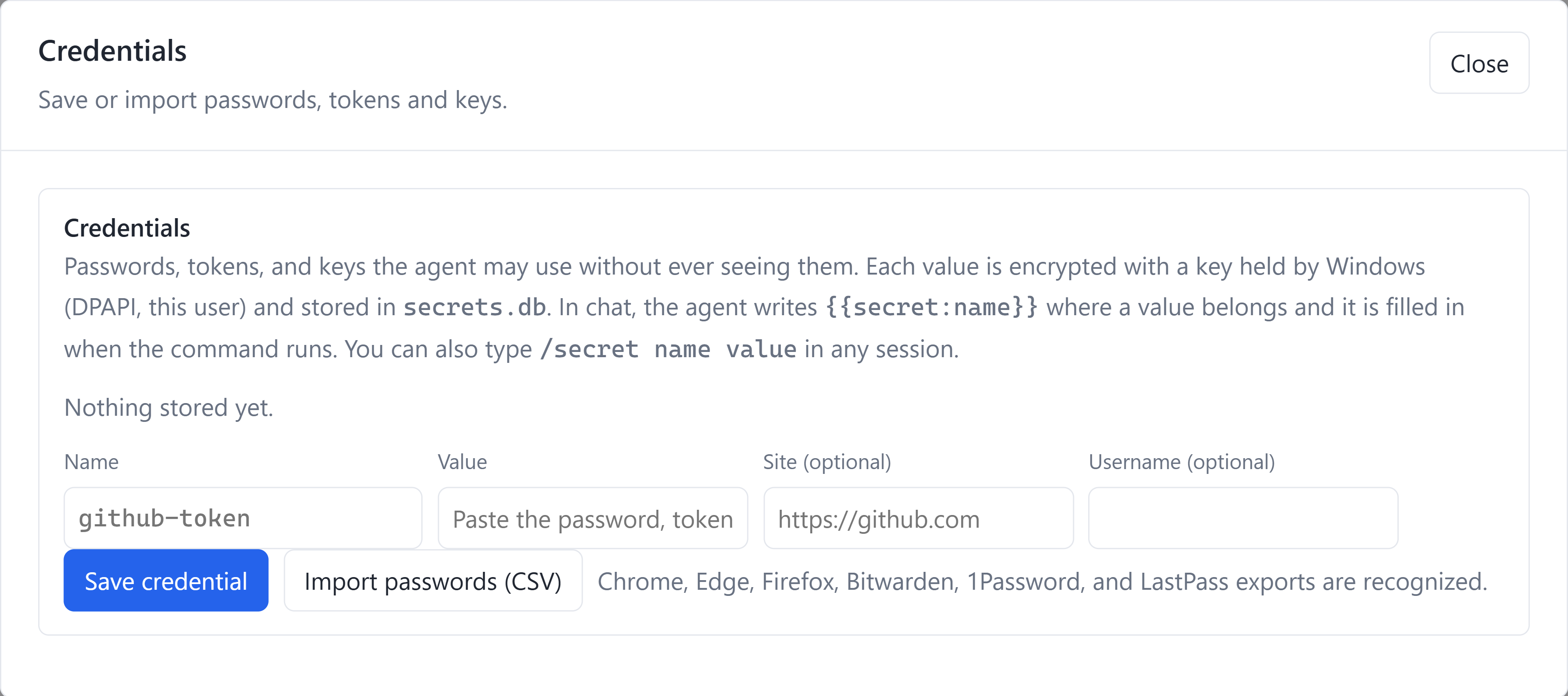Credentials settings reporting Windows DPAPI protection with empty name, password, site and username fields