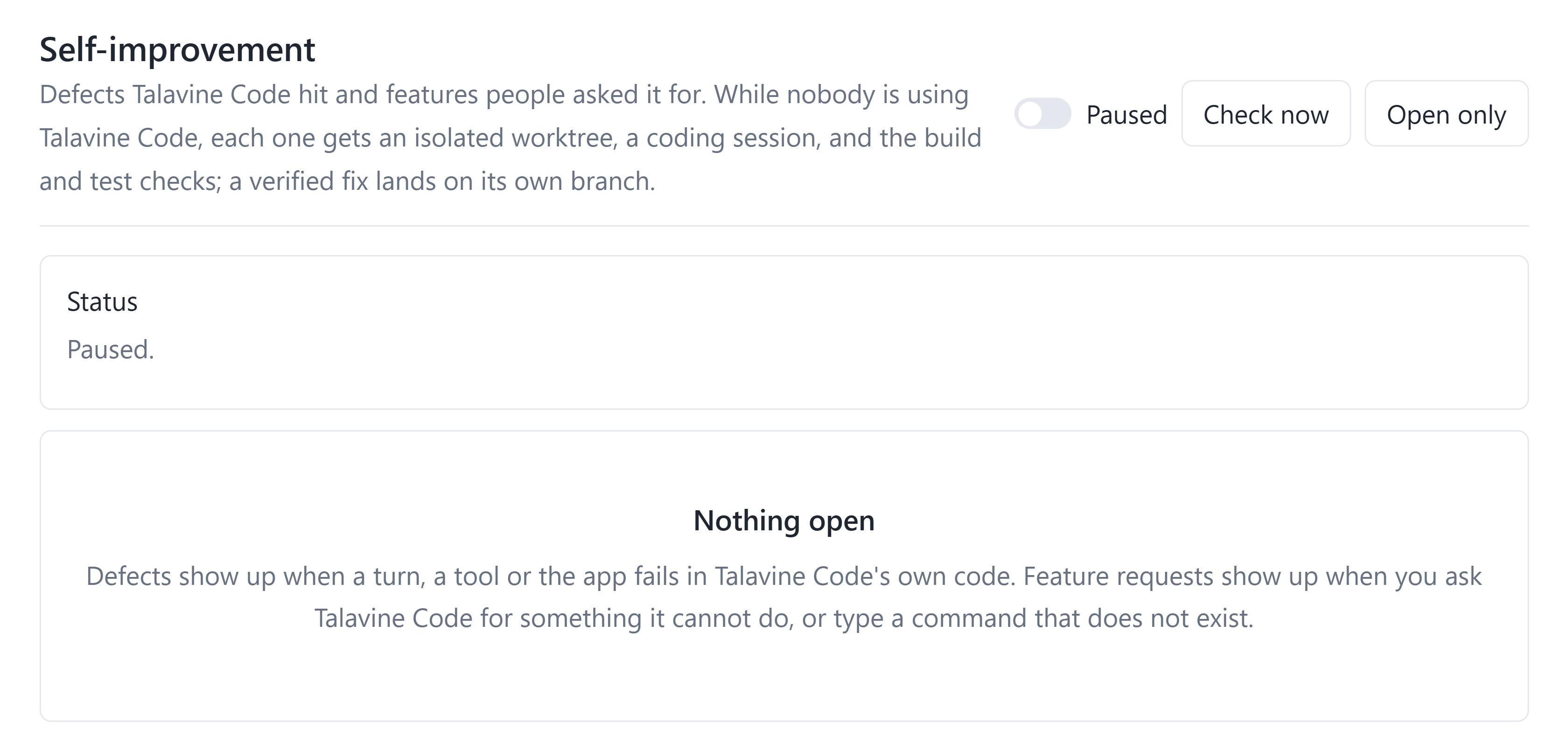 Developer self-improvement page showing a paused queue, Check now control and an empty backlog