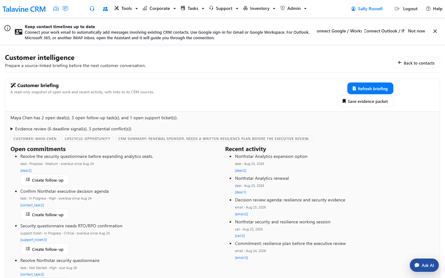 A Talavine CRM customer briefing showing commitments, recent activity, and links back to source records