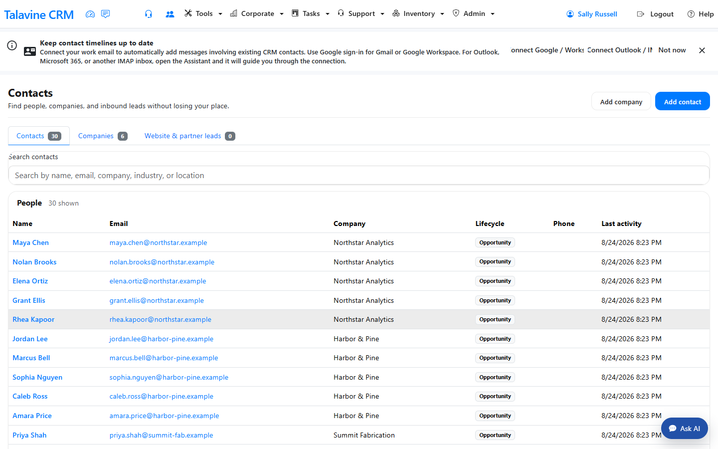 Talavine CRM contacts for the fictional Northstar Analytics account