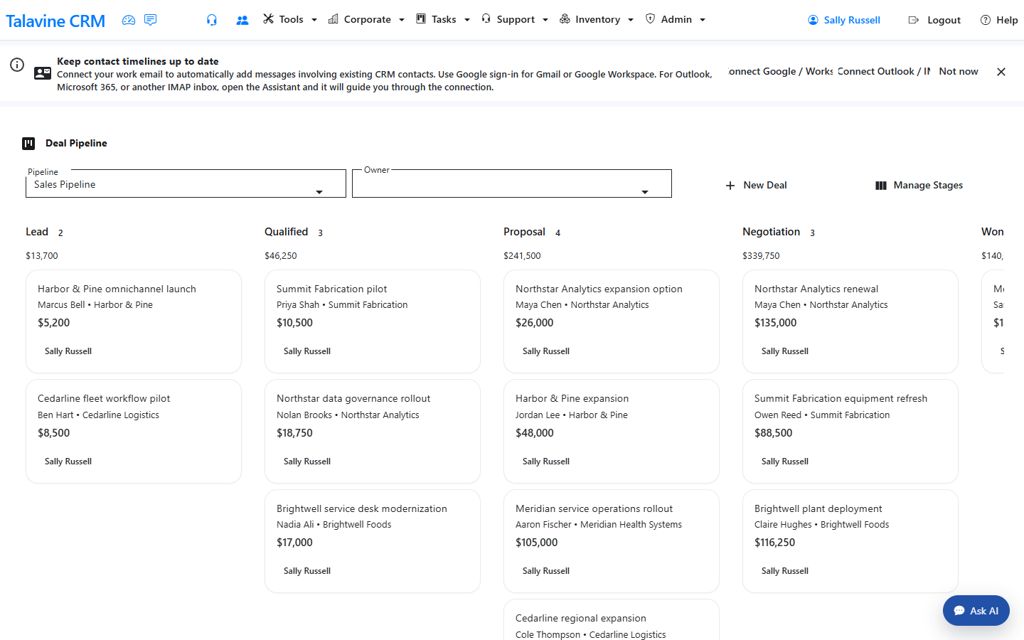 Talavine CRM deal pipeline showing the fictional Northstar Analytics work