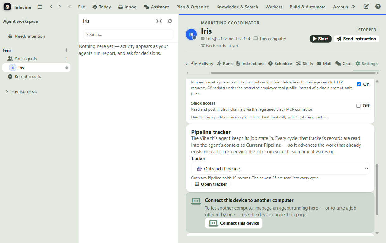 The Talavine Agents page showing an agent's pipeline tracker wired to the Outreach Pipeline vibe