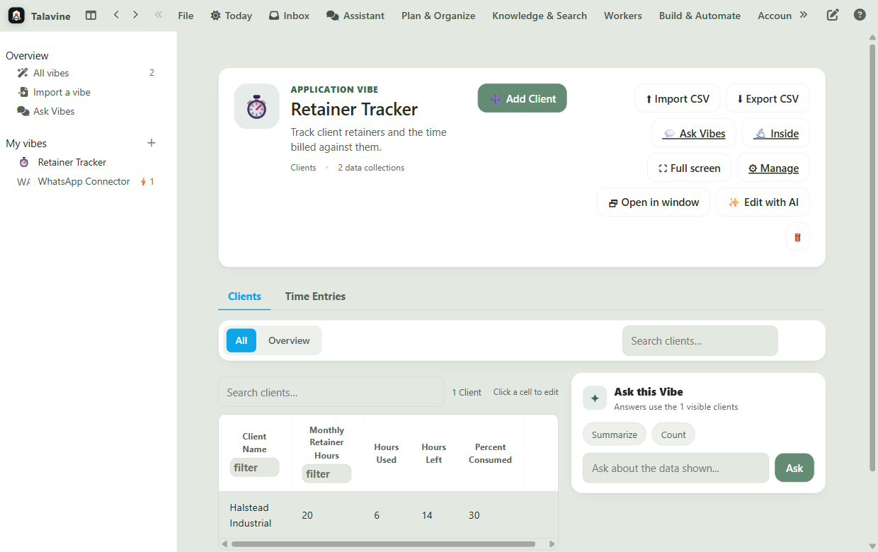 A Vibes retainer tracker showing a client row with hours used, hours left and percentage consumed worked out from a logged time entry
