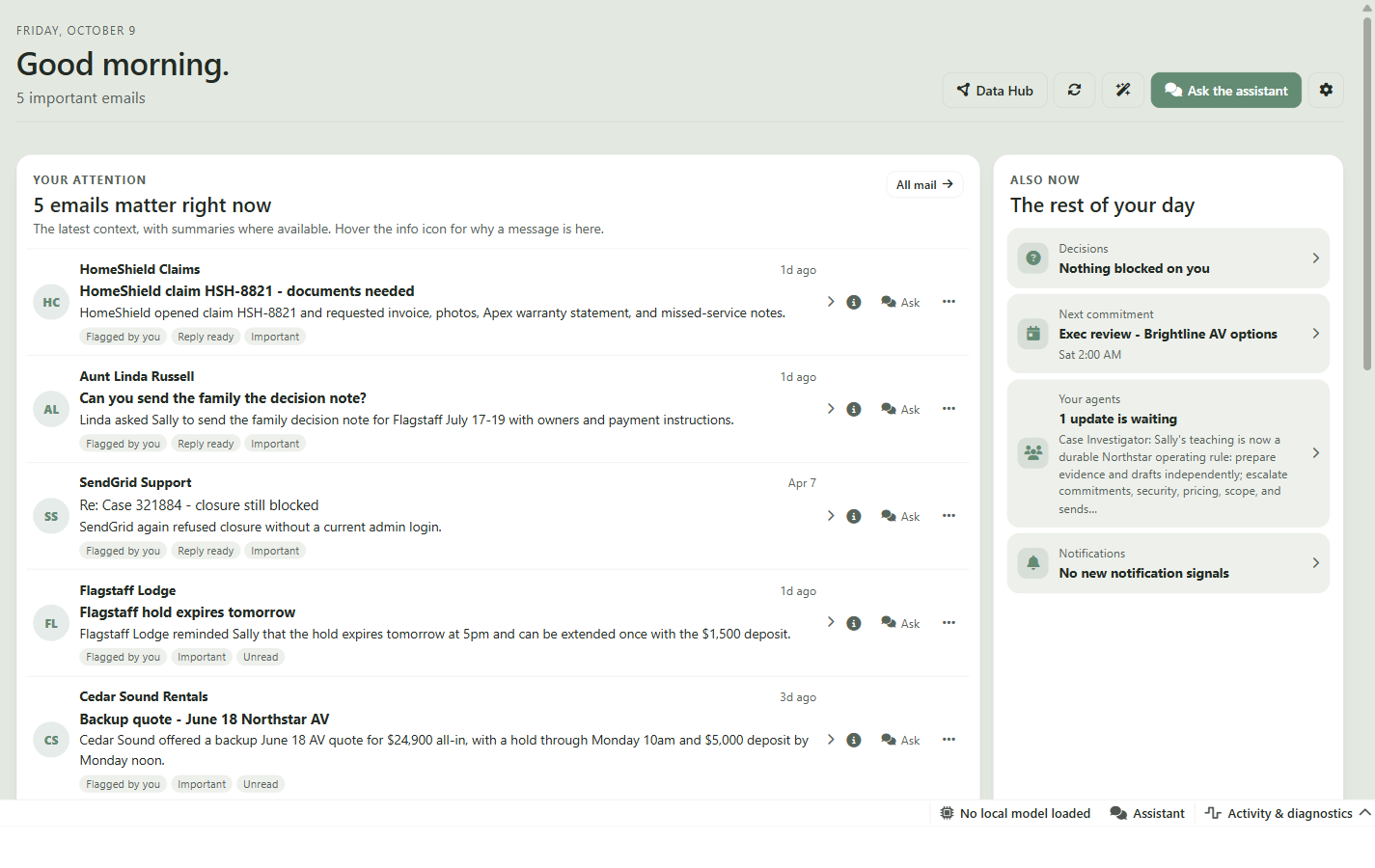Talavine Today dashboard with mail, appointments, and tasks