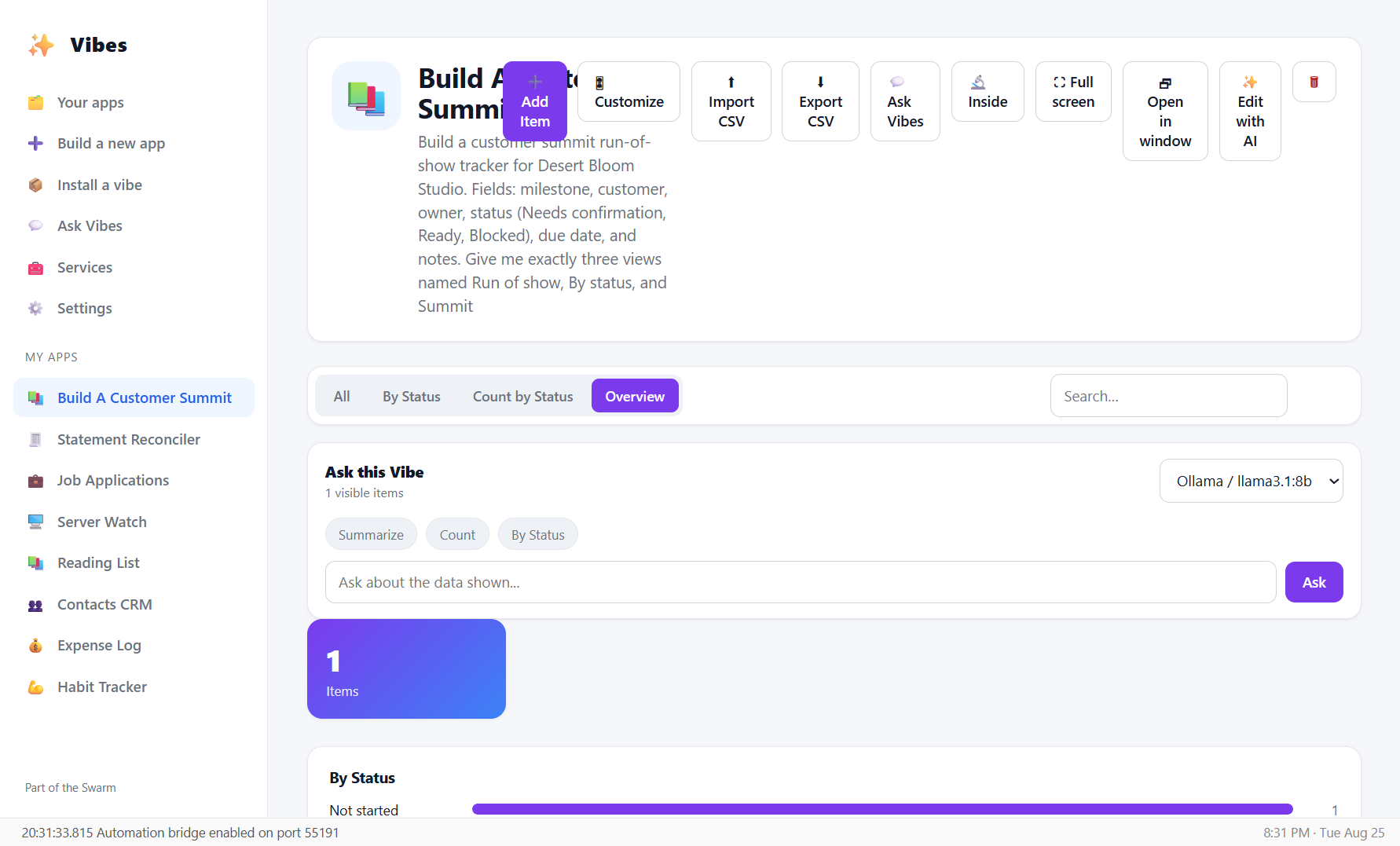 A real Vibes dashboard summarizing Sally's fictional customer-summit work